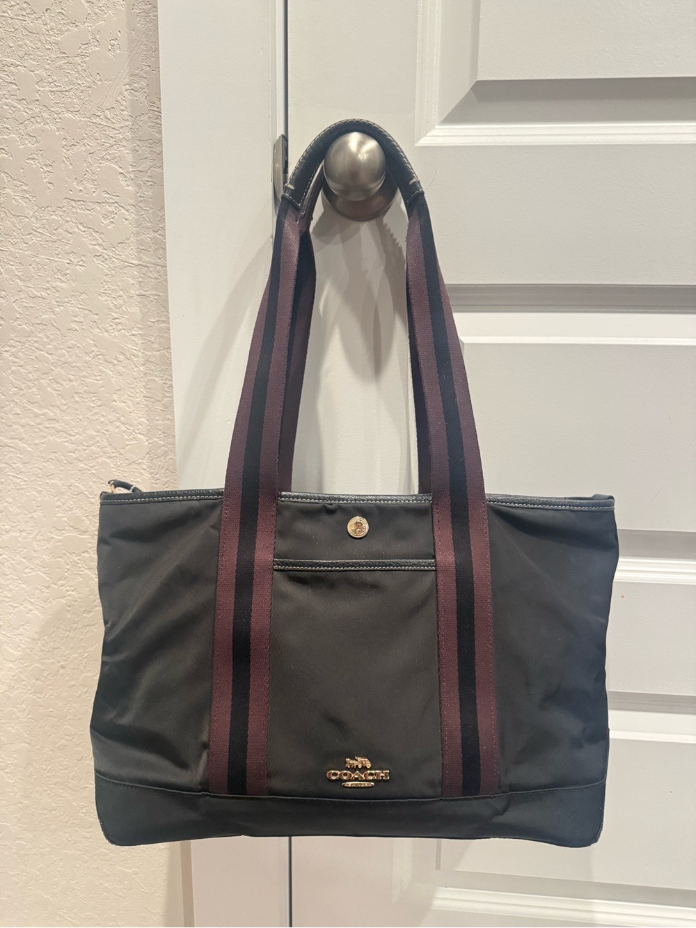 Coach Black Tote with Burgundy-Striped Handles